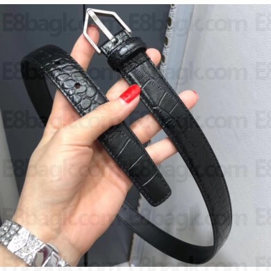 Saint Laurent Width 2.5cm Belt With Triangle Buckle In Crocodile Embossed Leather Black/Silver