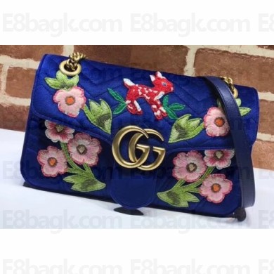 Gucci GG Marmont Small Matelassé Shoulder Bag 443497 Embroidered Velvet Blue