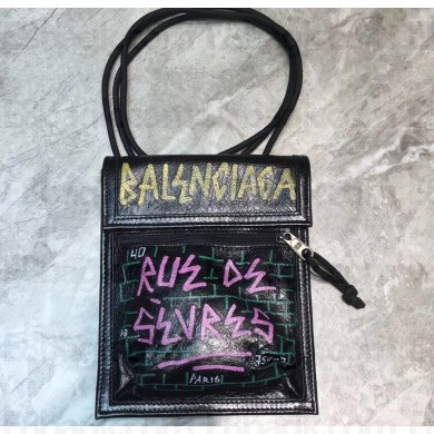 Balenciaga Explorer Pouch Strap Small Crossbody Phone Bag Leather Graffiti Black/Multicolor