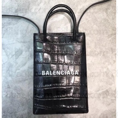 Balenciaga North-South Mini Shopping Phone Holder Bag Crocodile embossed Black