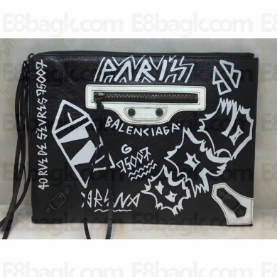 Balenciaga Classic City Pouch Clutch Bag Graffiti Black/White