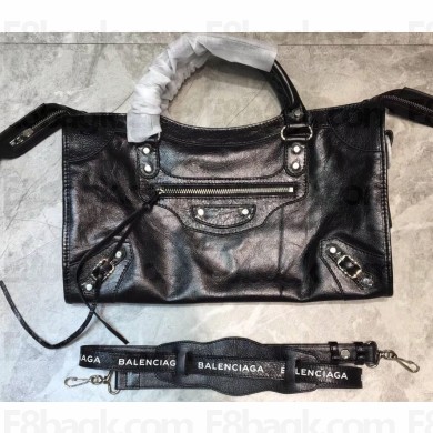 Balenciaga Classic City Medium Bag with Logo Strap Black