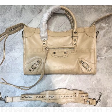 Balenciaga Classic City Small Bag with Logo Strap Beige