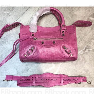 Balenciaga Classic Mini City Bag with Logo Strap Fuchsia
