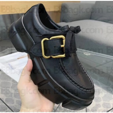 Prada Leather Buckle Derby Shoes Black 2020