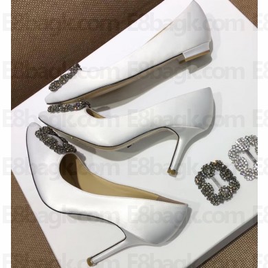 Manolo Blahnik Hangisi Satin Jewel Buckle Flats/Pumps White
