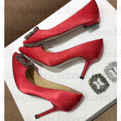 Manolo Blahnik Hangisi Satin Jewel Buckle Flats/Pumps Red