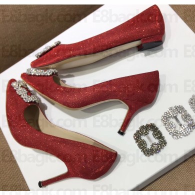 Manolo Blahnik Hangisi Glitter Fabric Jewel Buckle Flats/Pumps Red