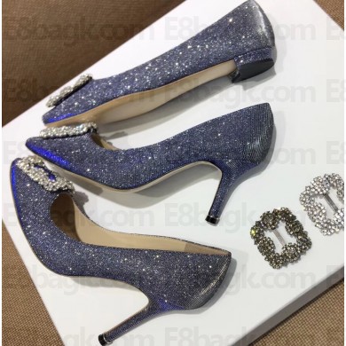 Manolo Blahnik Hangisi Glitter Fabric Jewel Buckle Flats/Pumps Dark Gray