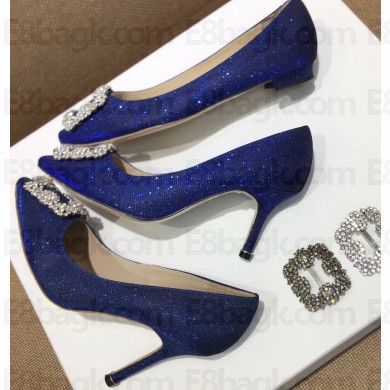Manolo Blahnik Hangisi Glitter Fabric Jewel Buckle Flats/Pumps Blue