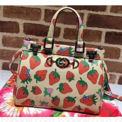 Gucci Zumi Strawberry Print Leather Small Top Handle Bag 569712 2019