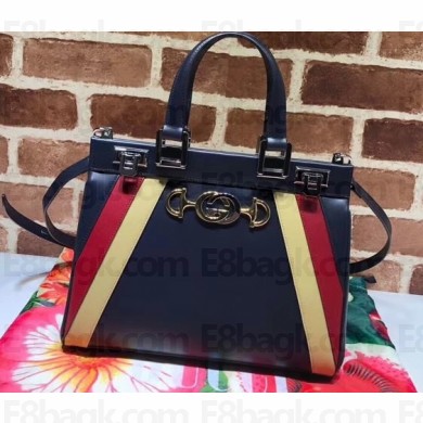 Gucci Zumi Smooth Leather Small Top Handle Bag 569712 Dark Blue/Beige/Red 2019