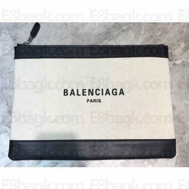 Balenciaga Navy Clip Cotton Canvas Pouch Clutch Large Bag Logo Paris Creamy