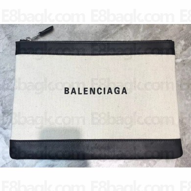 Balenciaga Navy Clip Cotton Canvas Pouch Clutch Large Bag Logo Creamy