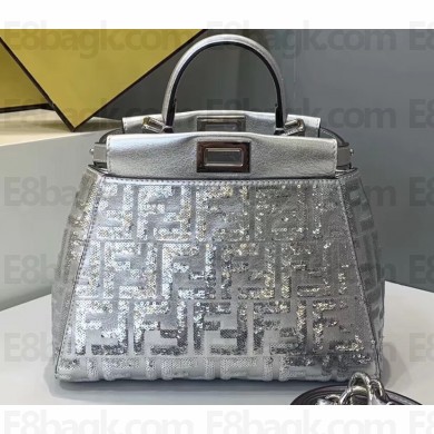 Fendi All-Over FF Motif Prints On Leather Peekaboo Iconic Mini Bag Sequins Silver 2019