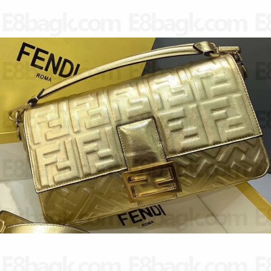 Fendi All-Over FF Motif Leather Large Baguette Bag Gold 2019