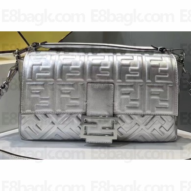 Fendi All-Over FF Motif Leather Large Baguette Bag Silver 2019