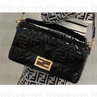 Fendi All-Over FF Motif Leather Large Baguette Bag Vinyl Glossy Black 2019