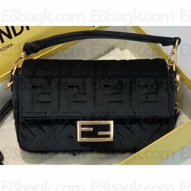 Fendi Velvet Embossed FF Motif Baguette Medium Bag Black 2019