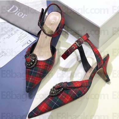Dior Heel 4cm Gang Slingback Pumps in Tartan Fabric Black/Red 2020