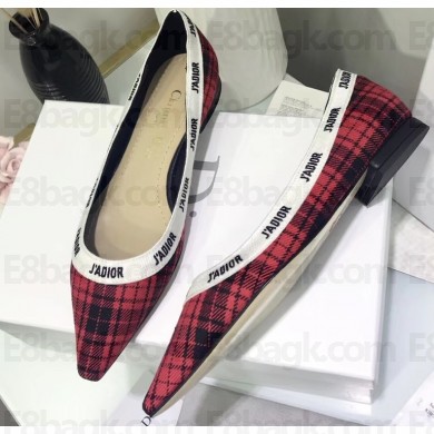 Dior Heel 1.5cm J'Adior Ballet Flats in Tartan Fabric Black/Red 2020