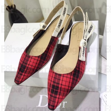Dior Heel 1.5cm J'Adior Slingback Ballet Flats in Tartan Fabric Black/Red 2020