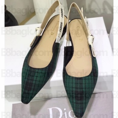 Dior Heel 1.5cm J'Adior Slingback Ballet Flats in Tartan Fabric Black/Green 2020