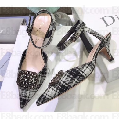 Dior Heel 4cm Symbols Gang Slingback Pumps in Tartan Fabric Black/White 2020