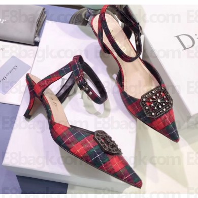 Dior Heel 4cm Symbols Gang Slingback Pumps in Tartan Fabric Black/Red 2020