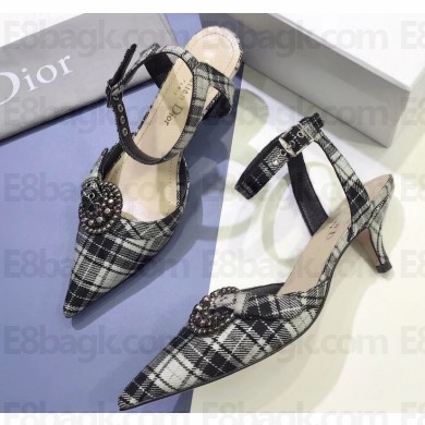Dior Heel 4cm Gang Slingback Pumps in Tartan Fabric Black/White 2020