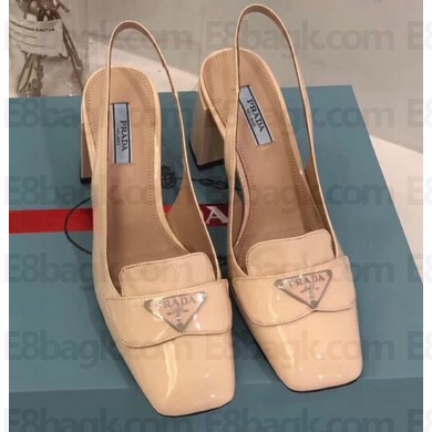 Prada Heel 7cm Patent Leather Triangle Logo Sandals Nude 2020