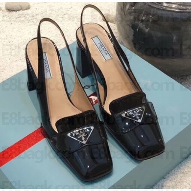 Prada Heel 7cm Patent Leather Triangle Logo Sandals Black 2020