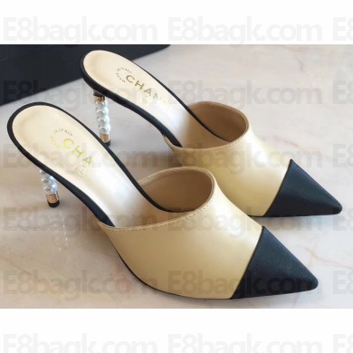 Chanel Pearl Heel 8cm Lambskin and Grosgrain Mules G35540 Beige/Black 2020