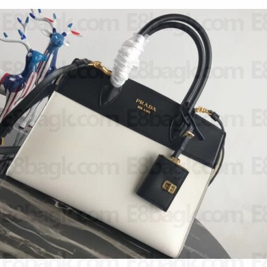 Prada Esplanade Saffiano and Calf Leather Bag 1BA046 Black/White
