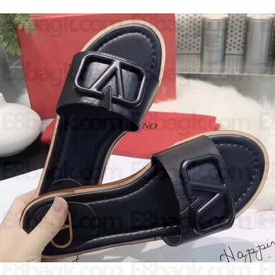Valentino VLOGO Flat Calfskin Slide Sandals Black 2020