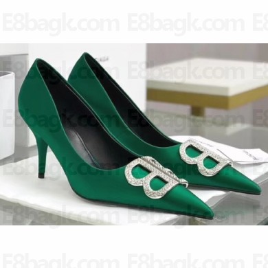 Balenciaga Heel Strassed BB Logo Satin Pumps Green 2020