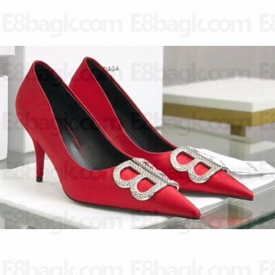 Balenciaga Heel Strassed BB Logo Satin Pumps Red 2020
