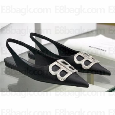 Balenciaga Strassed BB Logo Satin Slingback Flat Ballerinas Black 2020