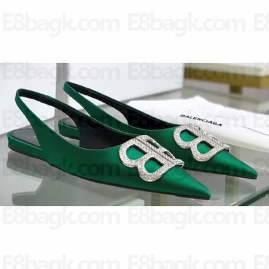 Balenciaga Strassed BB Logo Satin Slingback Flat Ballerinas Green 2020