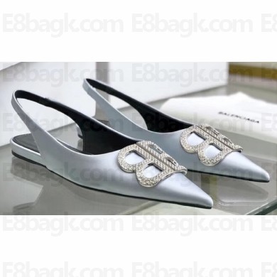 Balenciaga Strassed BB Logo Satin Slingback Flat Ballerinas Silver 2020