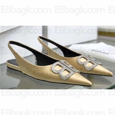 Balenciaga Strassed BB Logo Satin Slingback Flat Ballerinas Gold 2020