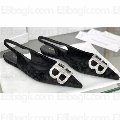 Balenciaga Strassed BB Logo Velvet Slingback Flat Ballerinas Black 2020
