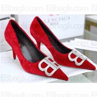 Balenciaga Heel Strassed BB Logo Velvet Pumps Red 2020