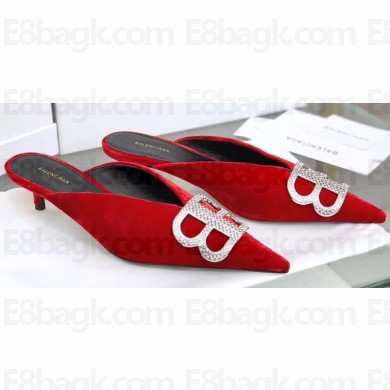 Balenciaga Heel Strassed BB Logo Velvet Mules Pumps Red 2020
