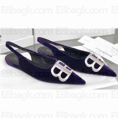 Balenciaga Strassed BB Logo Velvet Slingback Flat Ballerinas Purple 2020