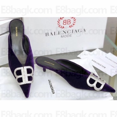 Balenciaga Heel Strassed BB Logo Velvet Mules Pumps Purple 2020