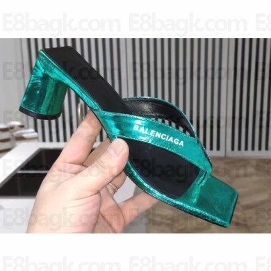 Balenciaga Heel 6cm Double Square Open Back Flip Flop Thong Sandals Crinkled Green 2020