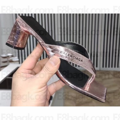 Balenciaga Heel 6cm Double Square Open Back Flip Flop Thong Sandals Crinkled Pink Gold 2020