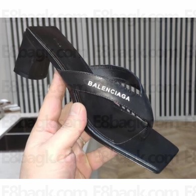 Balenciaga Heel 6cm Double Square Open Back Flip Flop Thong Sandals Calfskin Black 2020