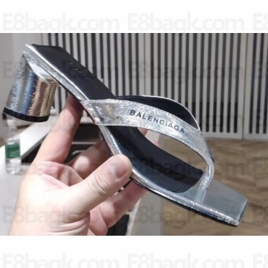Balenciaga Heel 6cm Double Square Open Back Flip Flop Thong Sandals Crinkled Silver 2020